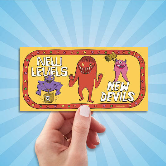 new levels new devils bumper sticker, hand display, sun rays design background
