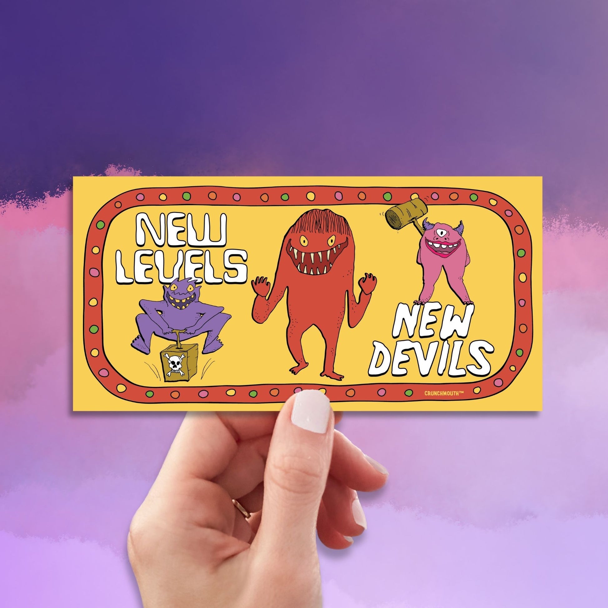 new levels new devils bumper sticker, hand display, retro design background
