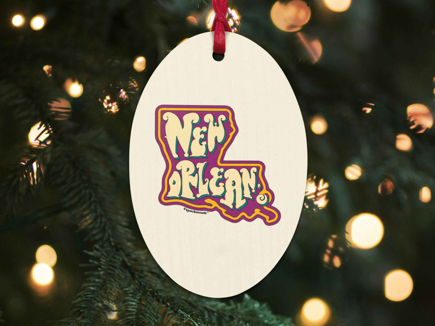 new orleans louisiana souvenir Christmas ornament, back, Christmas tree background