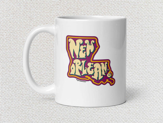 new orleans coffee mug, 11oz, handle on left, white textured background