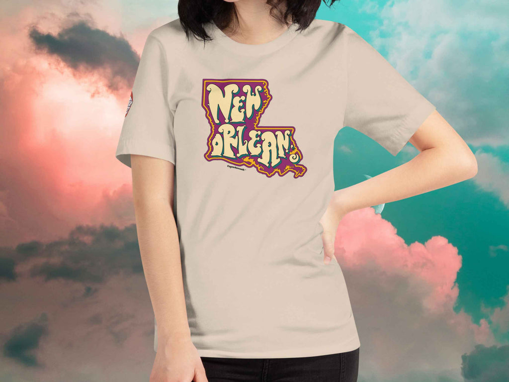 new orleans louisiana shirt, front, female, cloud sky background