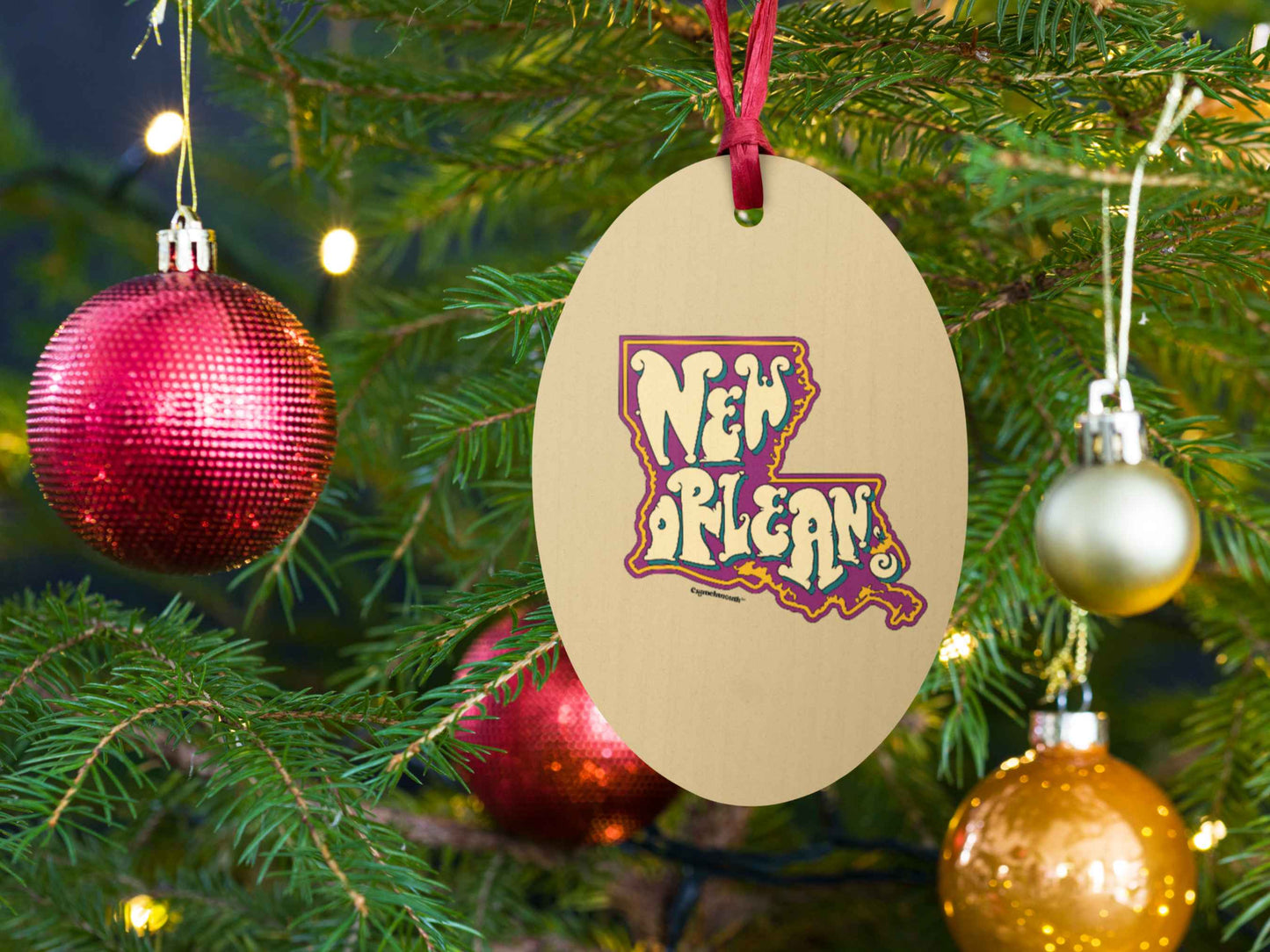 new orleans Christmas ornament, front, Christmas tree background