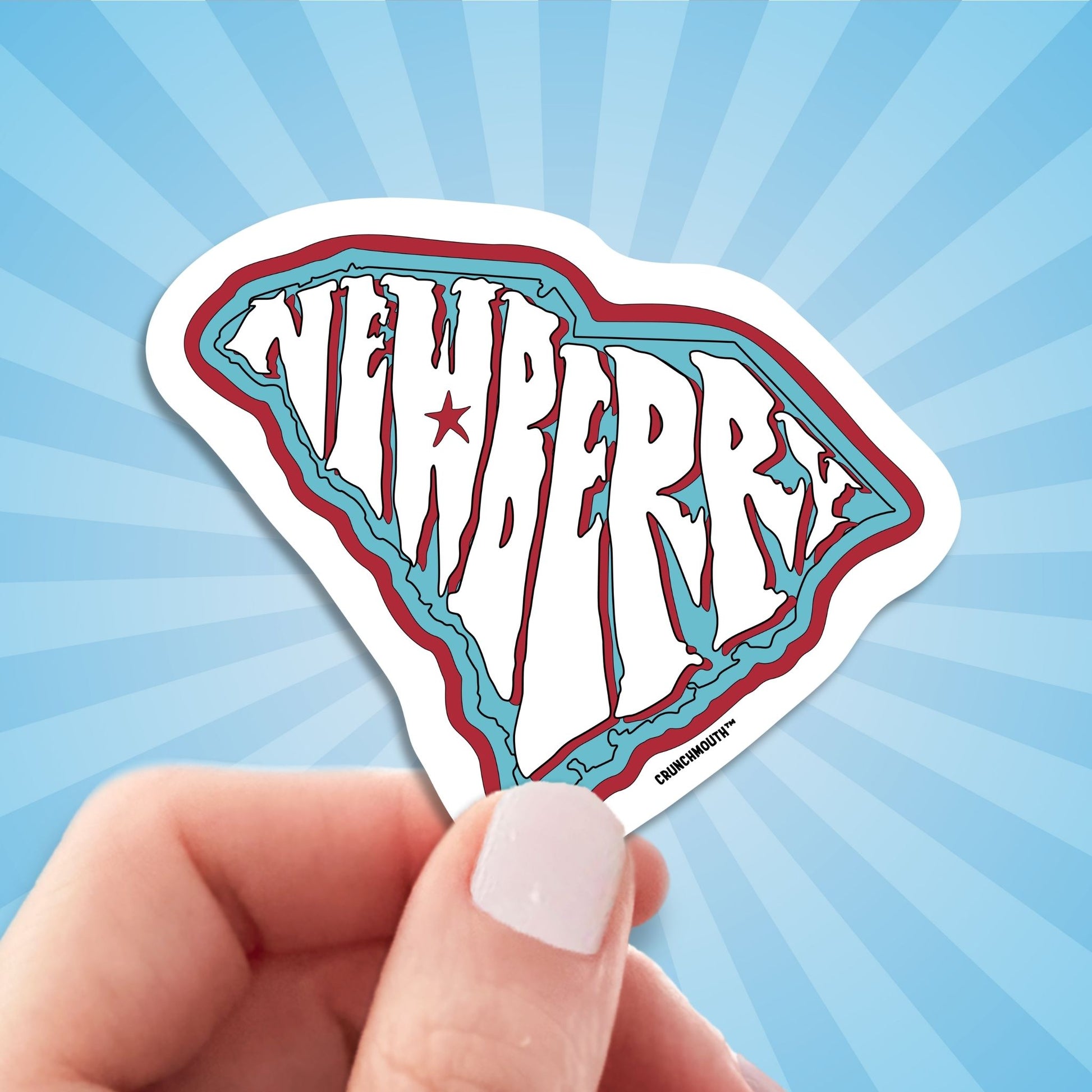 newberry south Carolina travel luggage sticker, hand display, sun rays design background
