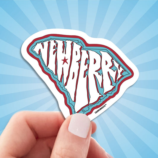 newberry south Carolina travel luggage sticker, hand display, sun rays design background
