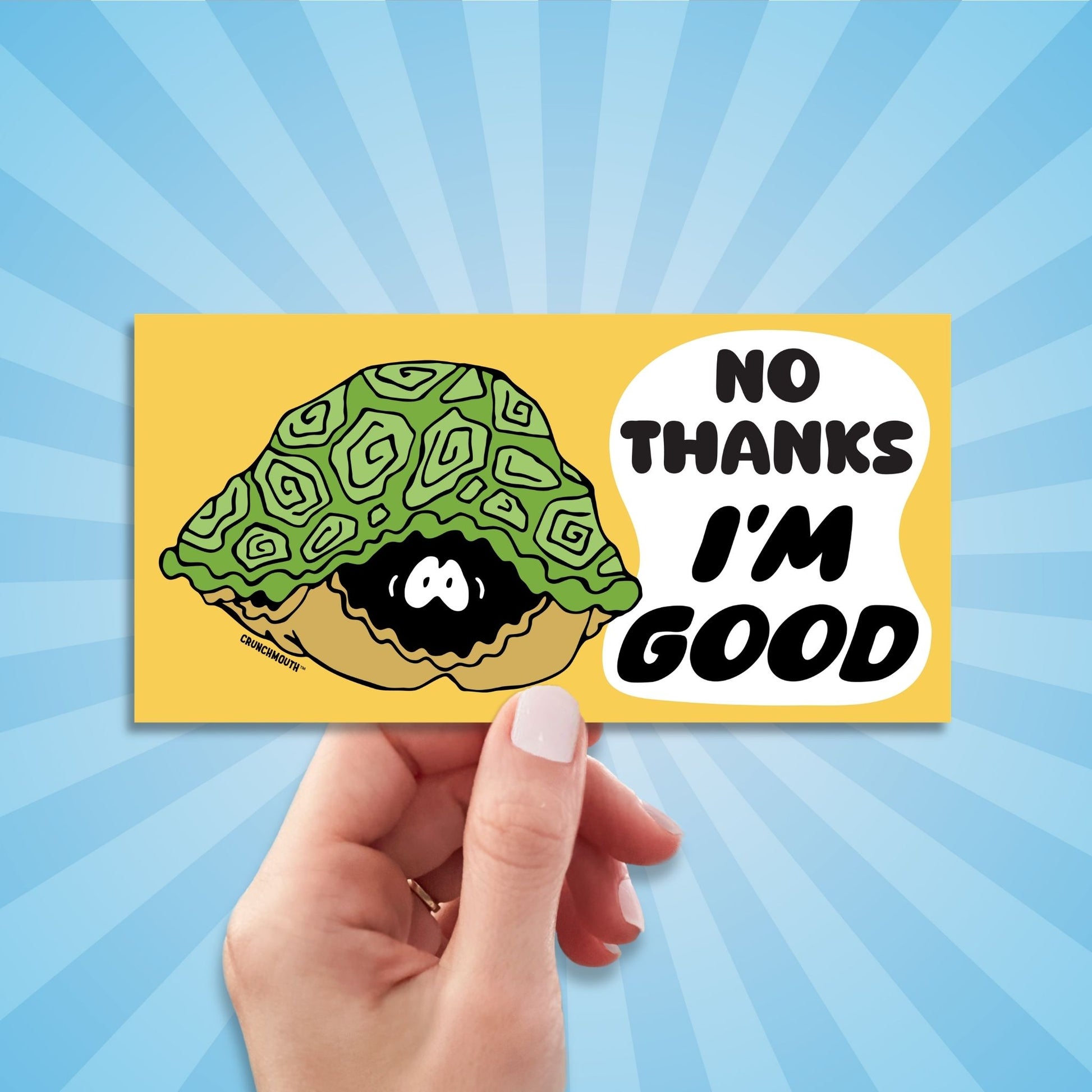 turtle hiding in its shell bumper sticker, hand display, sun rays design background
