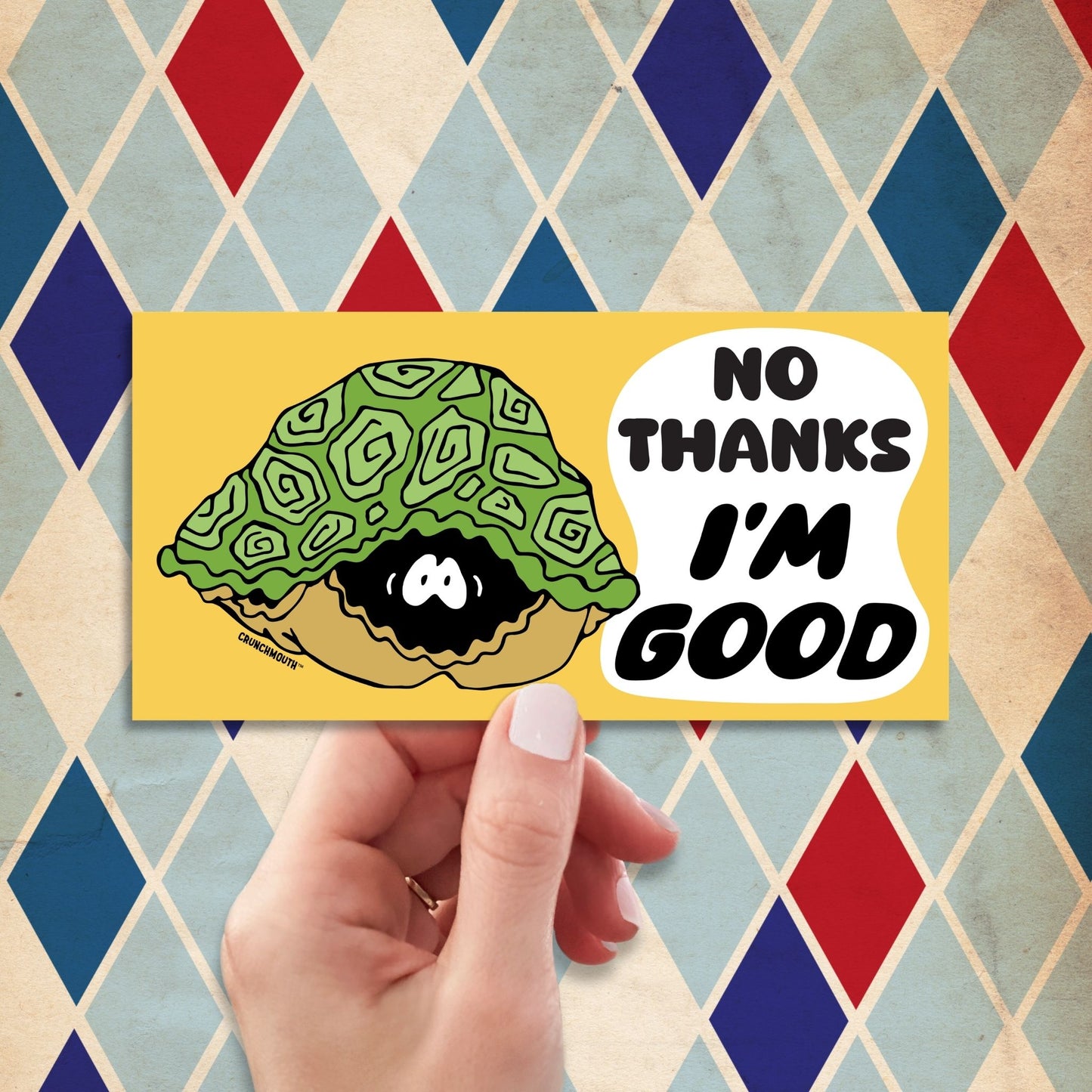 turtle hiding in its shell bumper sticker,hand display, retro design background
