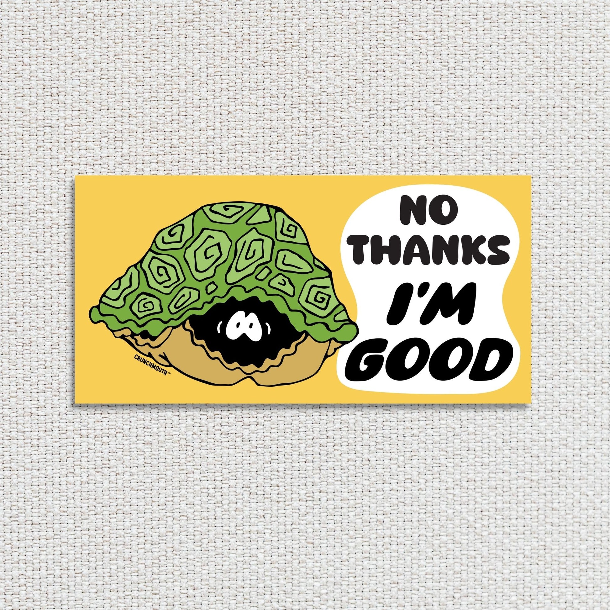 turtle hiding in its shell bumper sticker,textured fabric background
