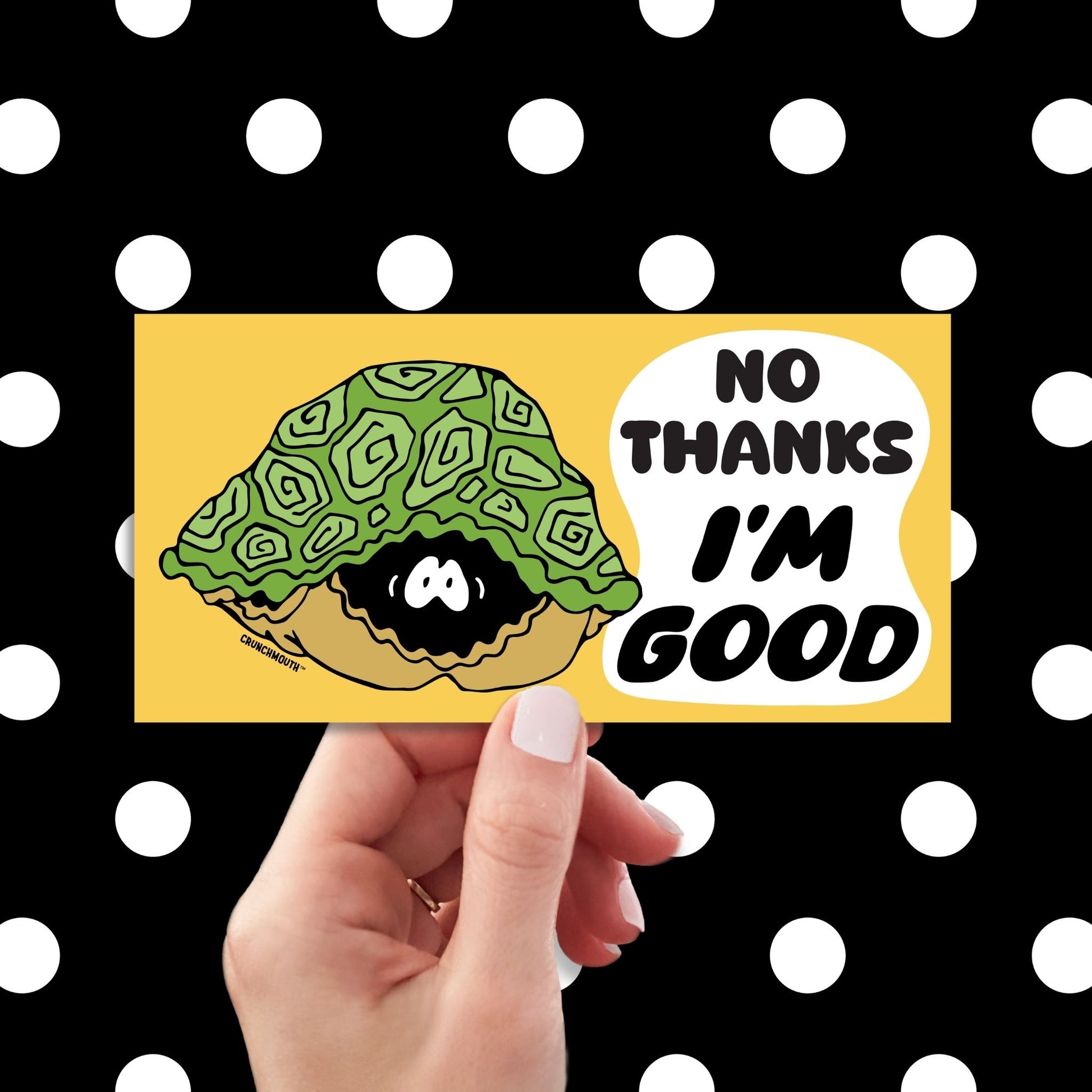 turtle hiding in its shell bumper sticker,hand display, polka dots pattern design background
