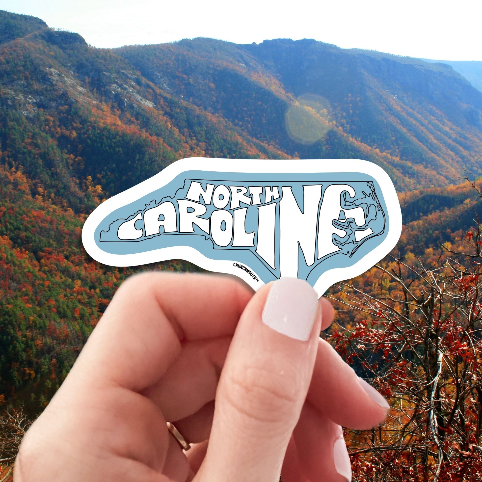 north carolina travel luggage sticker, hand display, blue ridge mountains background
