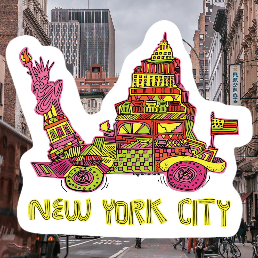 new york city taxi cab statue of liberty empire state building mashup sticker