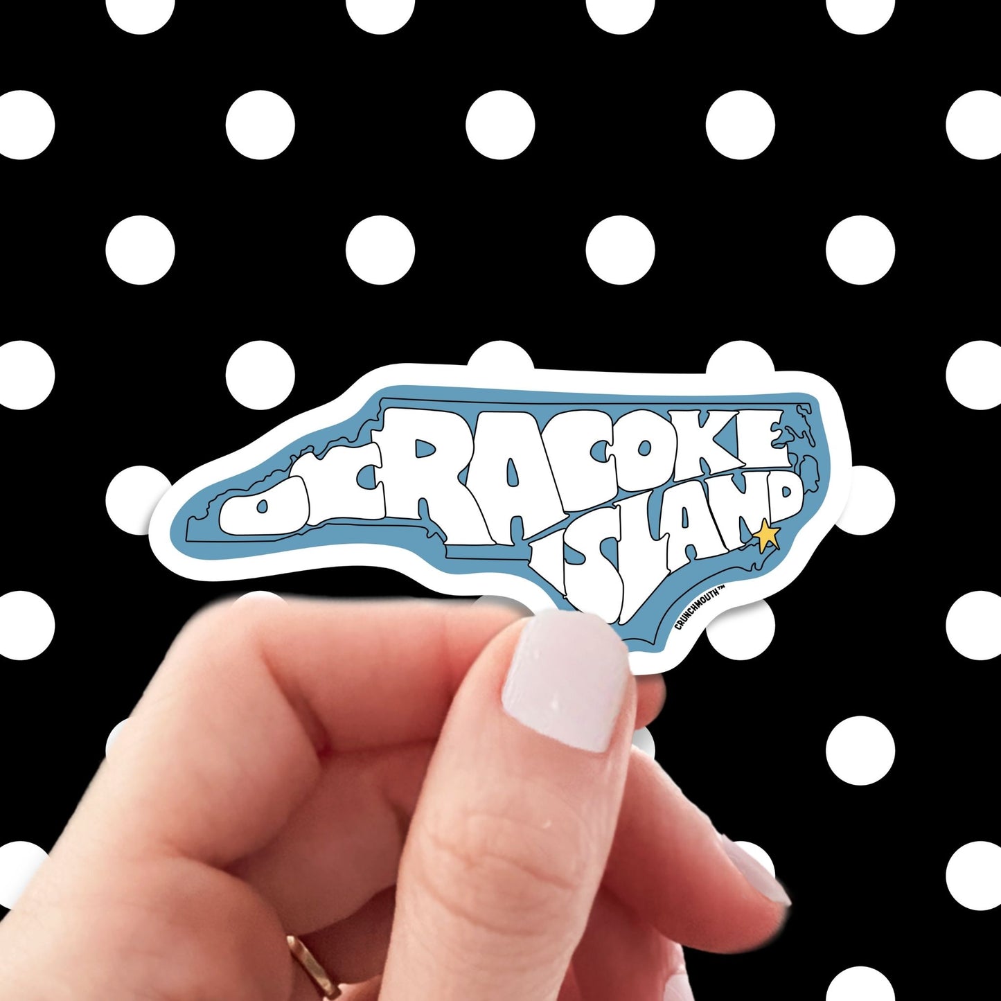 Ocracoke island travel luggage sticker, hand display, polka dots pattern design background
