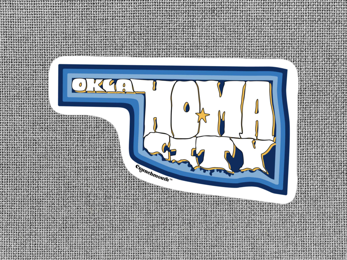 oklahoma city travel luggage sticker, gray textured background