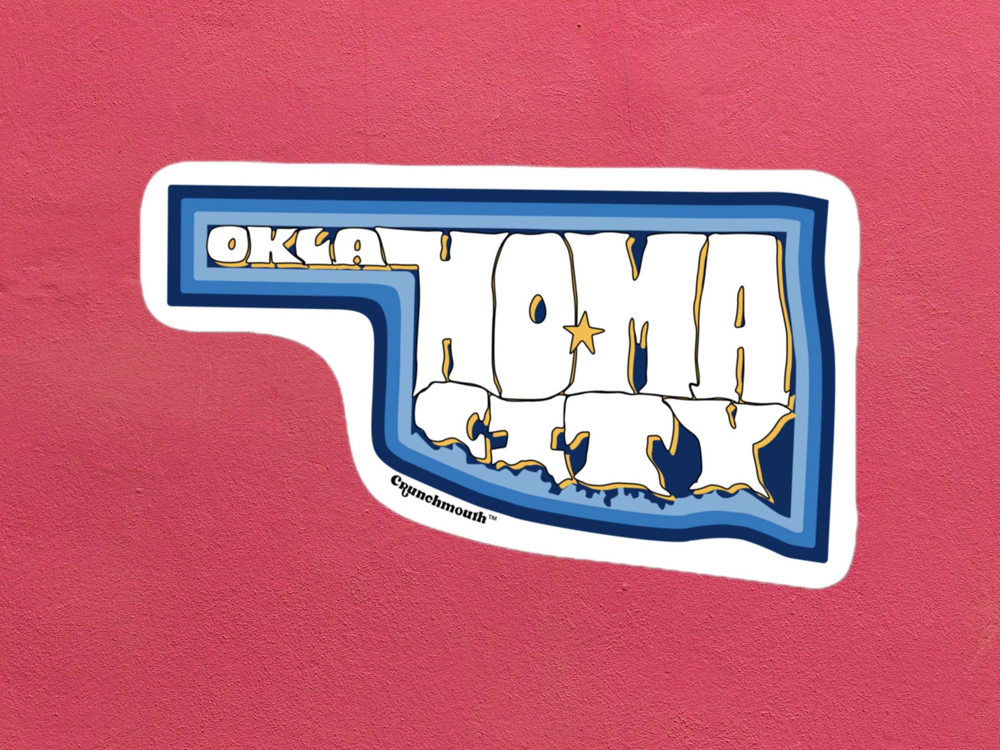 oklahoma city travel luggage sticker, rose color textured background