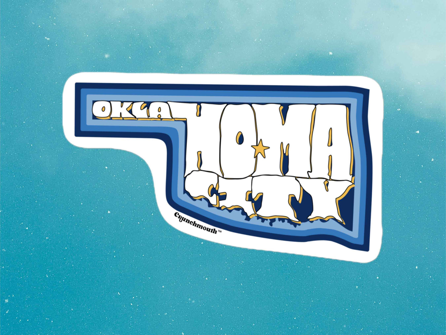 oklahoma city travel luggage sticker, blue sky background