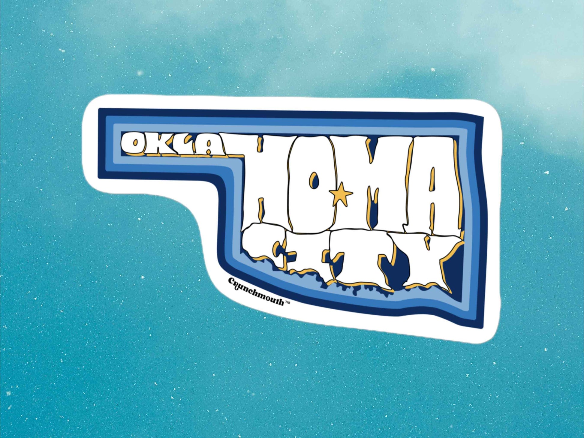 oklahoma city travel luggage sticker, blue sky background