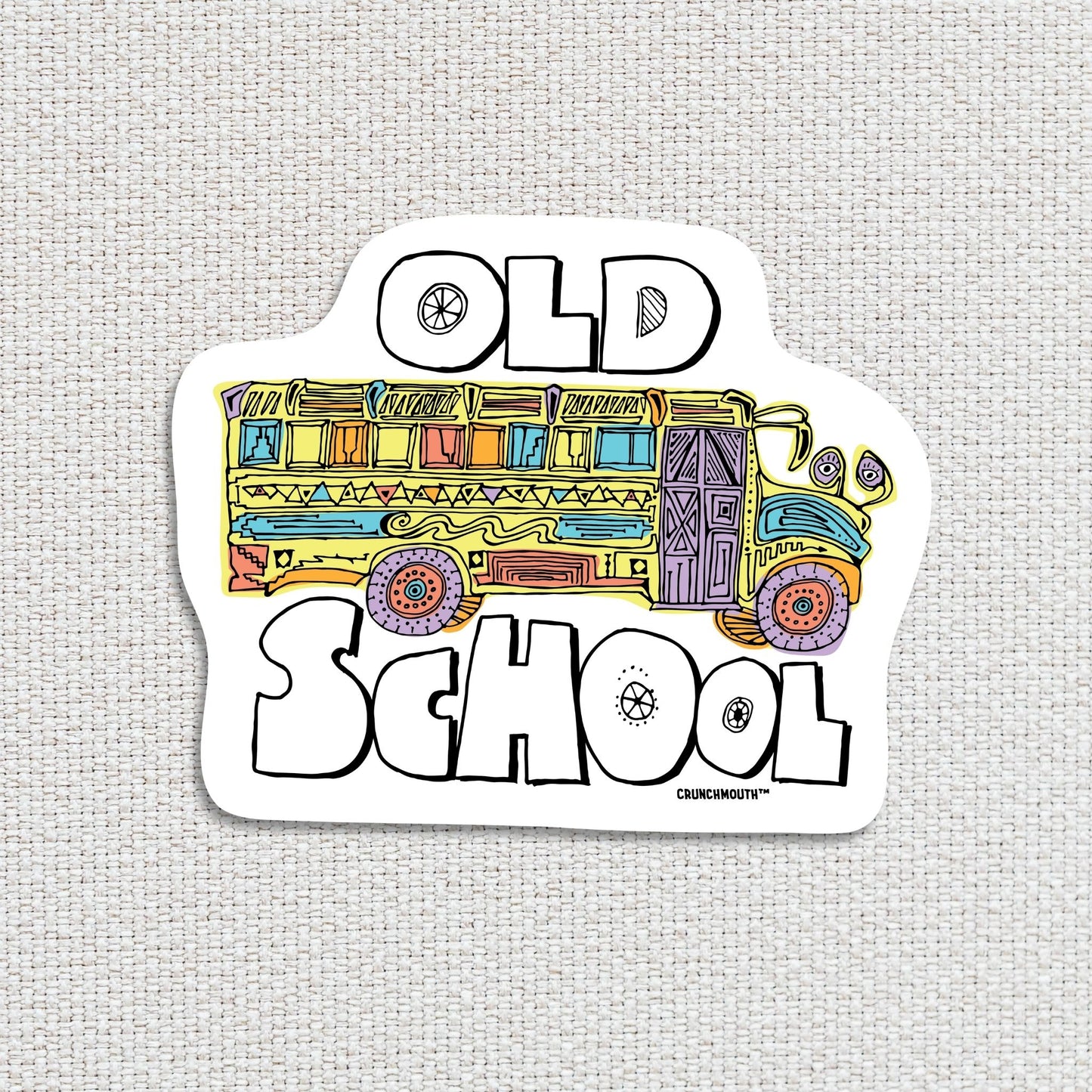 old school sticker, textured fabric background
