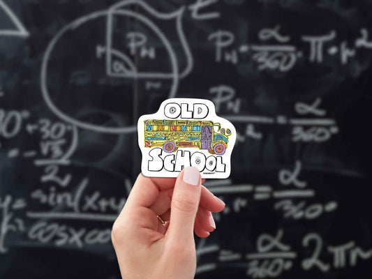 old school sticker, hand display, blackboard background