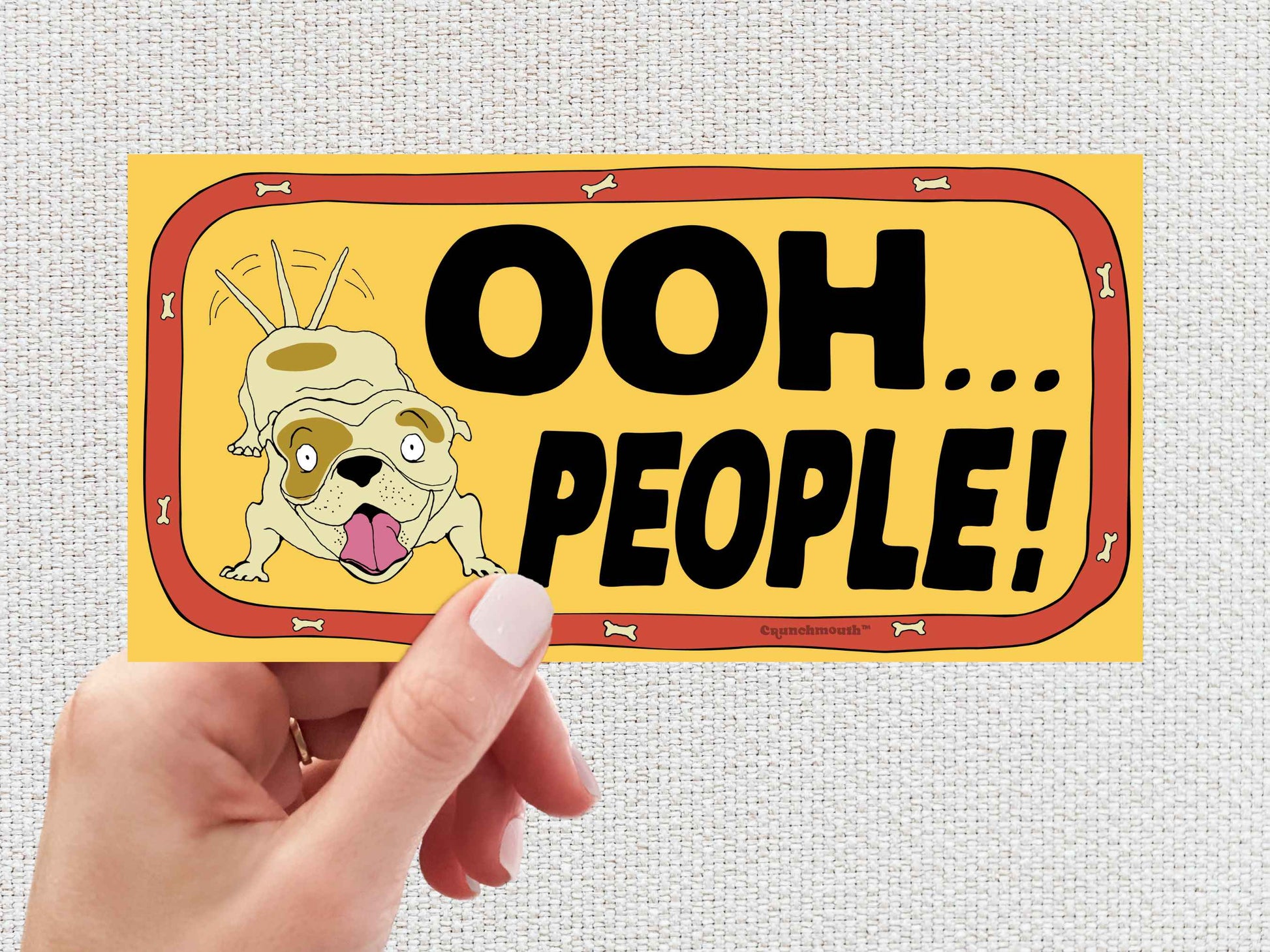 ooh people, ew people, funny dog sticker, hand display, white textured background