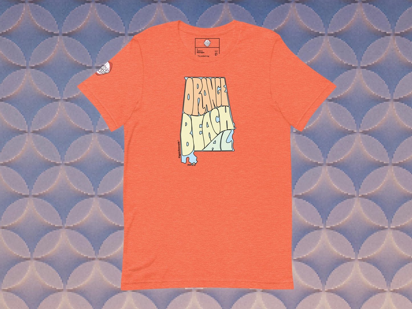 orange beach shirt, flat, front, geometric pattern background