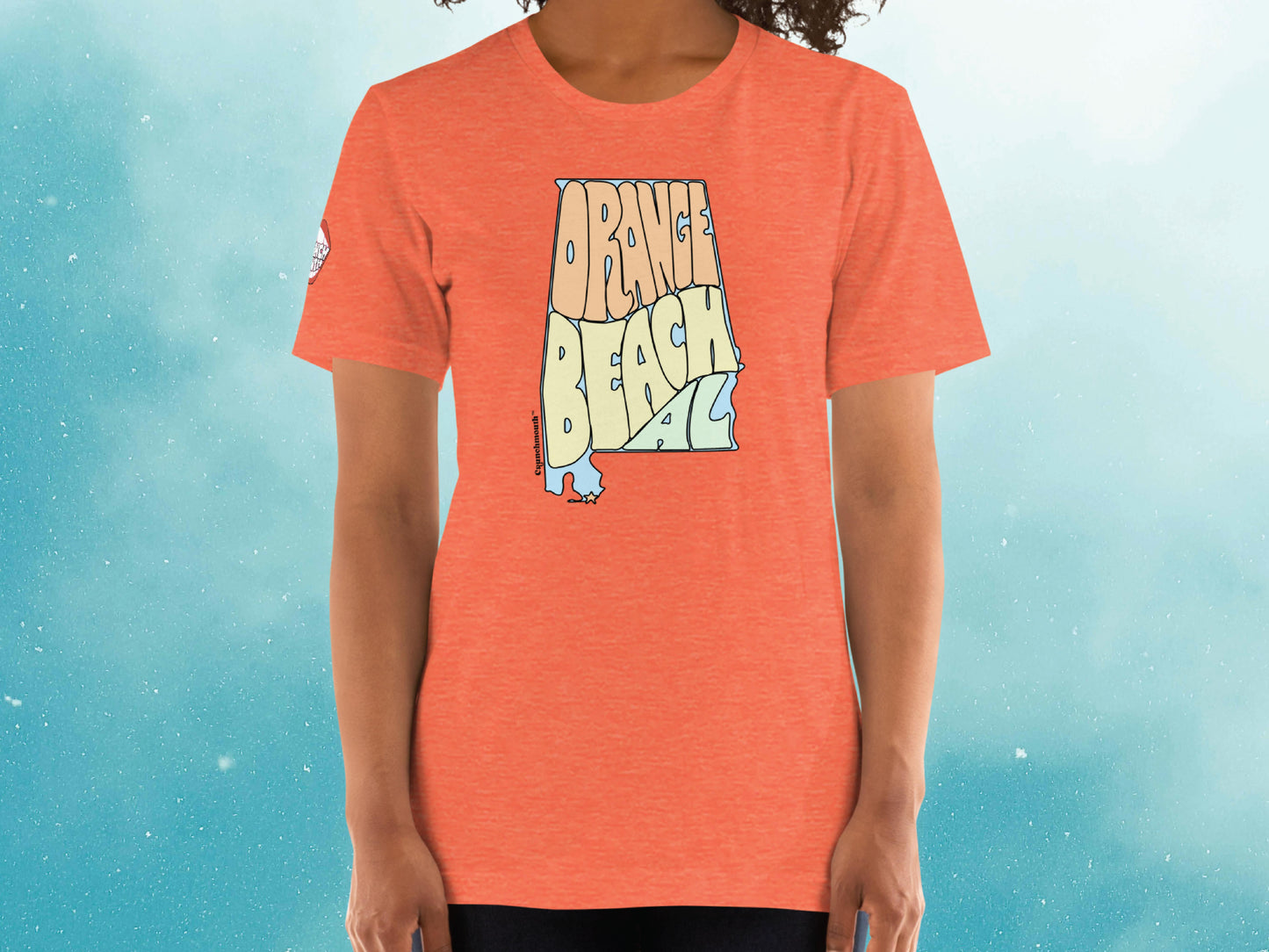 orange beach shirt, front, female, blue sky background