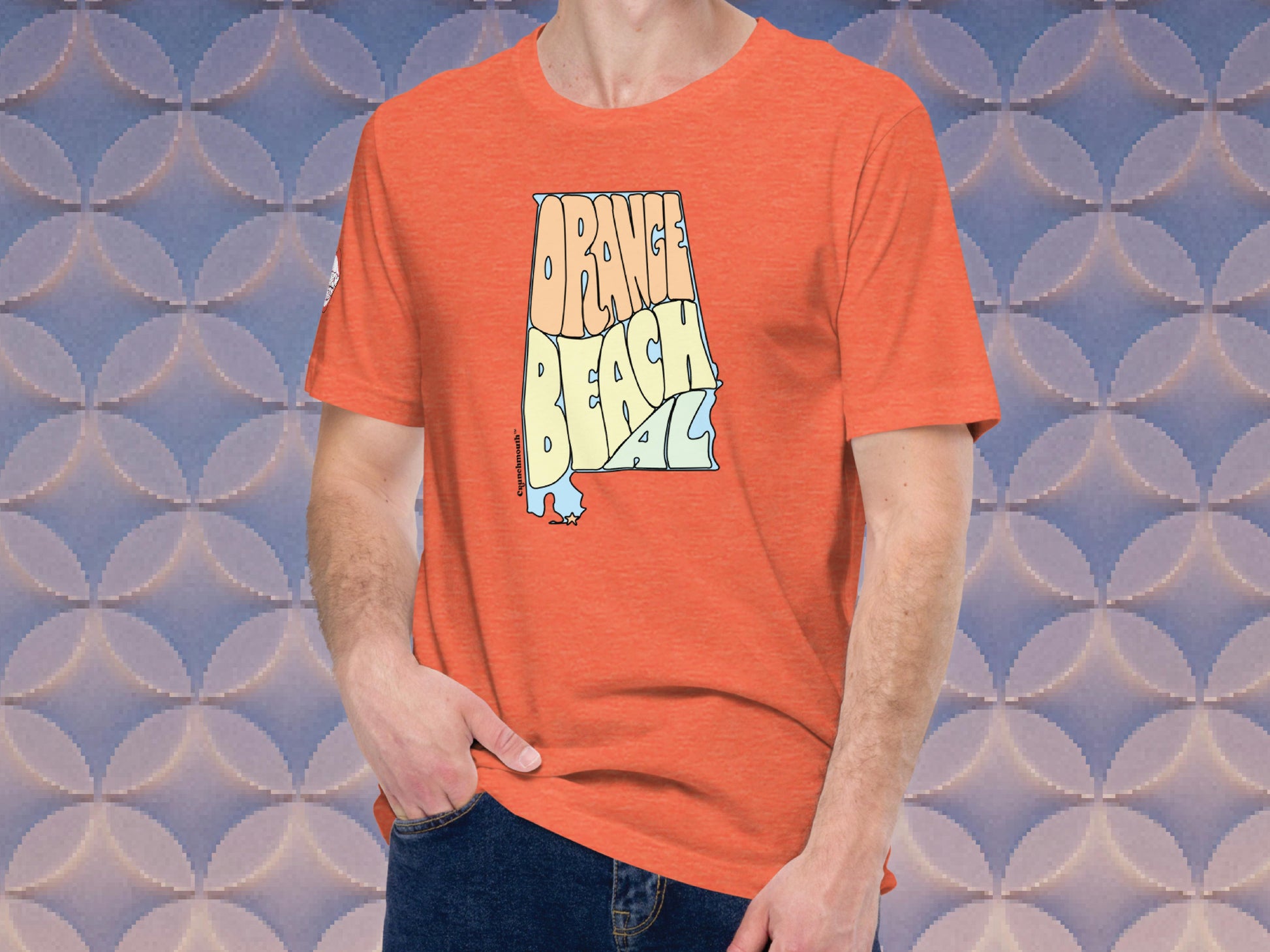 orange beach shirt, front, male, geometric pattern background