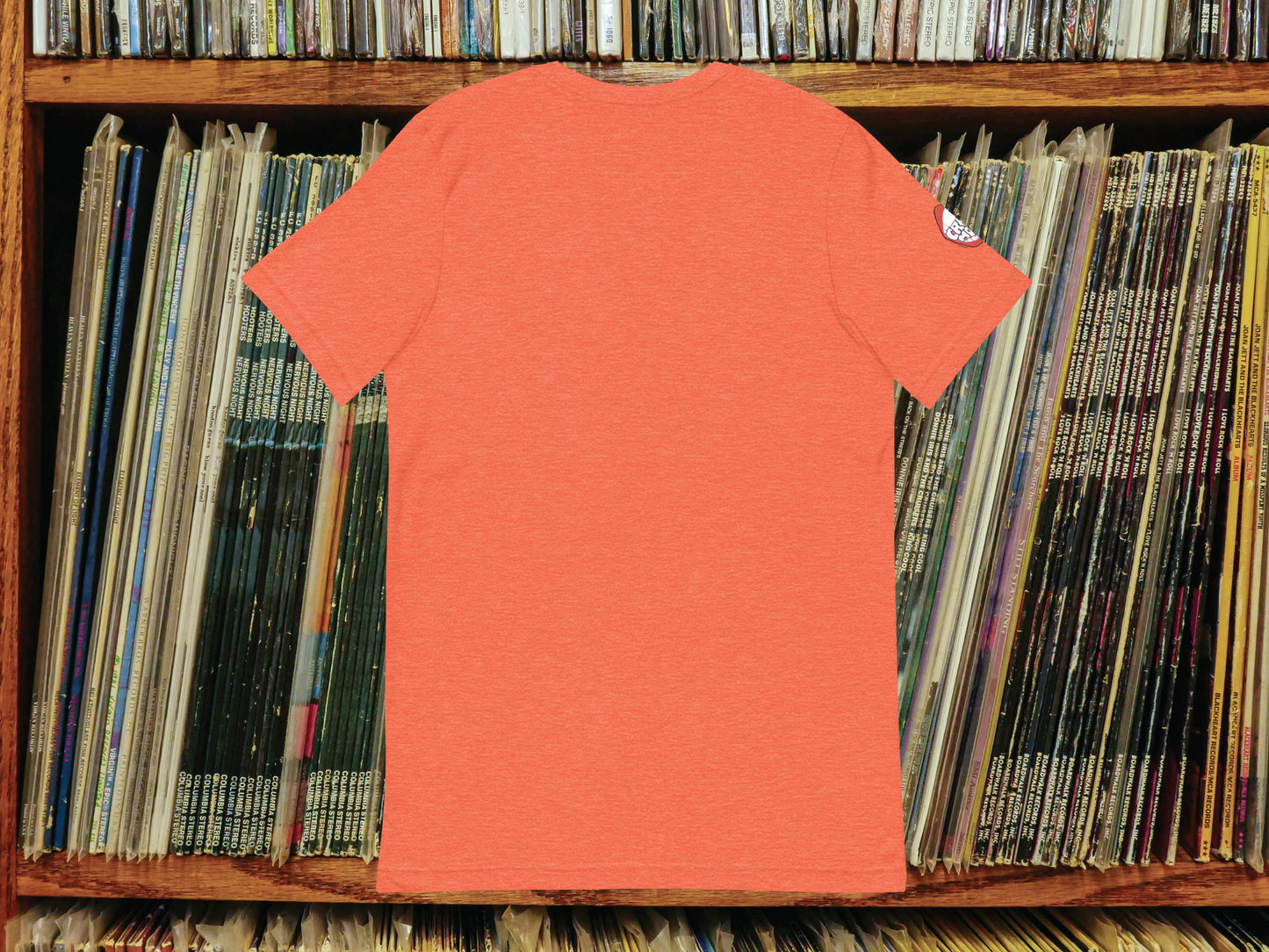 orange beach shirt, back, vinyl record shelf background