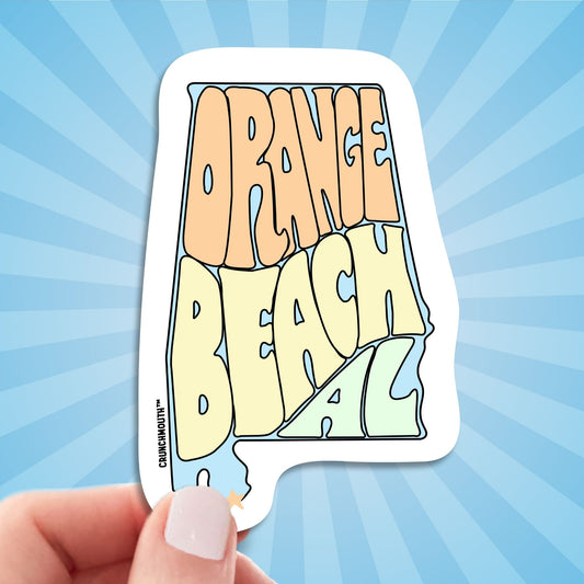 orange beach travel luggage sticker, hand display, sun rays design background