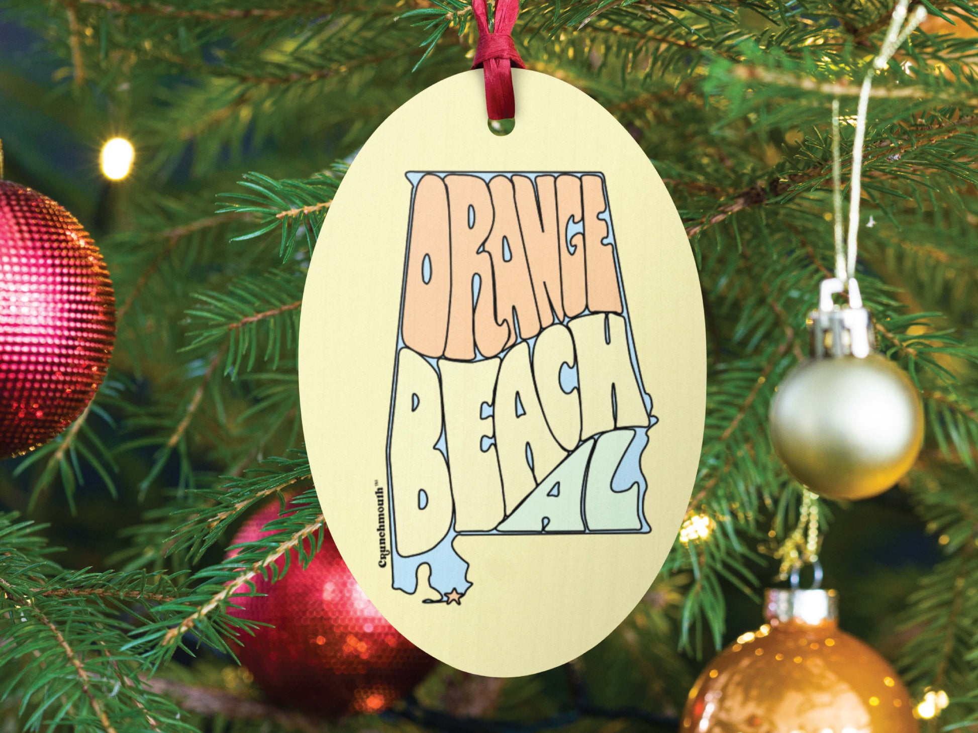 orange beach Christmas ornament, front, Christmas tree background