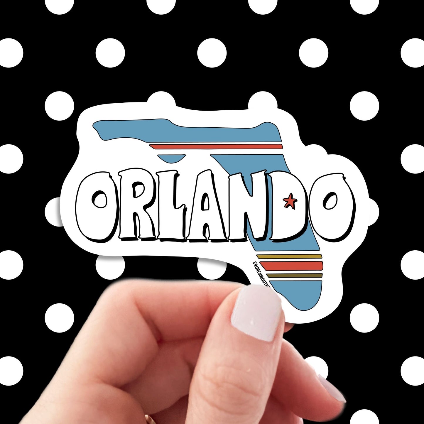 orlando travel luggage sticker, hand display, polka dots pattern design background
