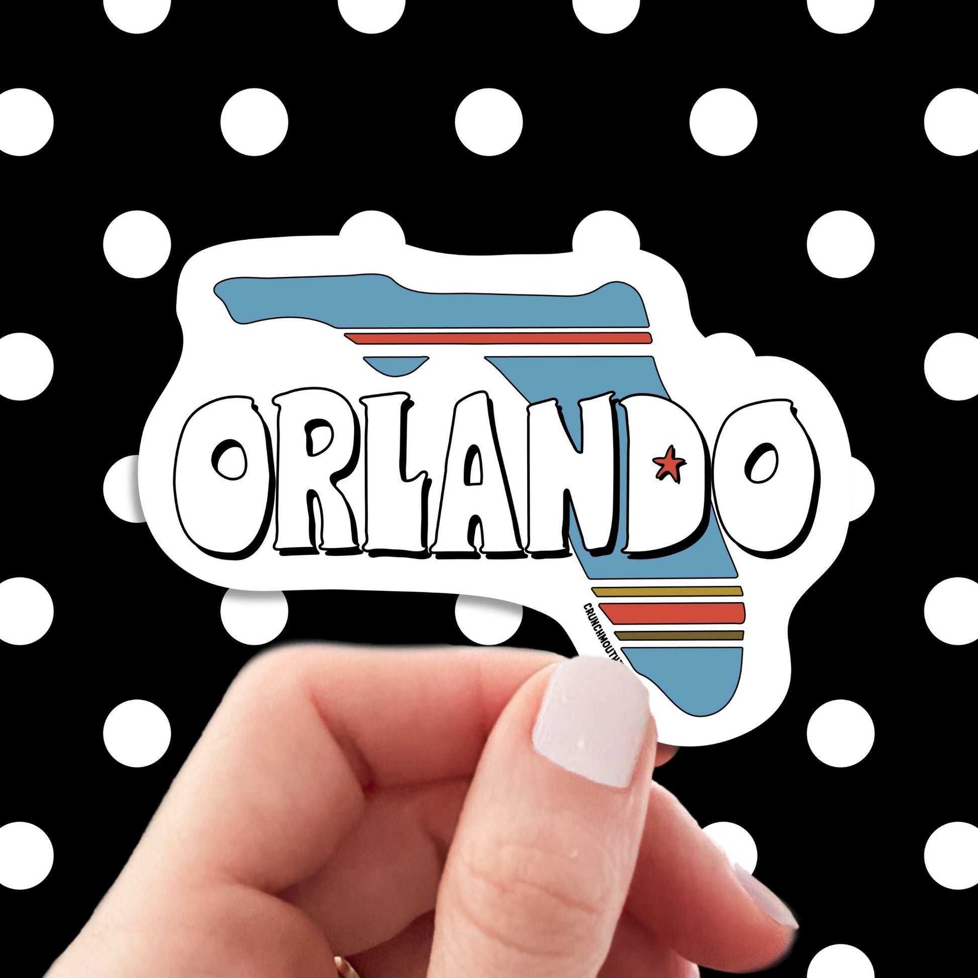 orlando travel luggage sticker, hand display, polka dots pattern design background
