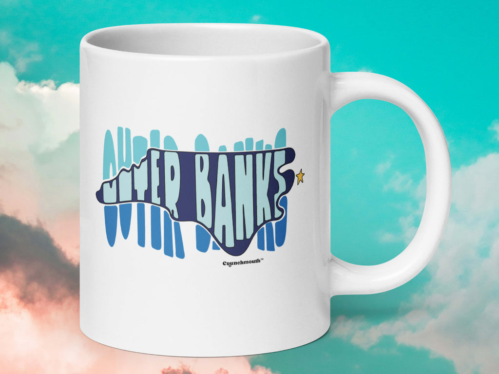 outer banks north carolina obx coffee mug, 20oz, handle on right, cloud sky background