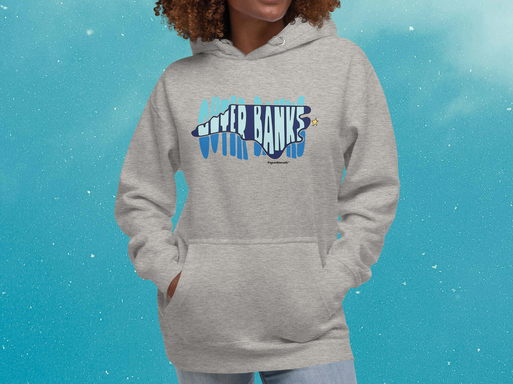 outer banks north carolina obx hoodie, front, female, blue sky background