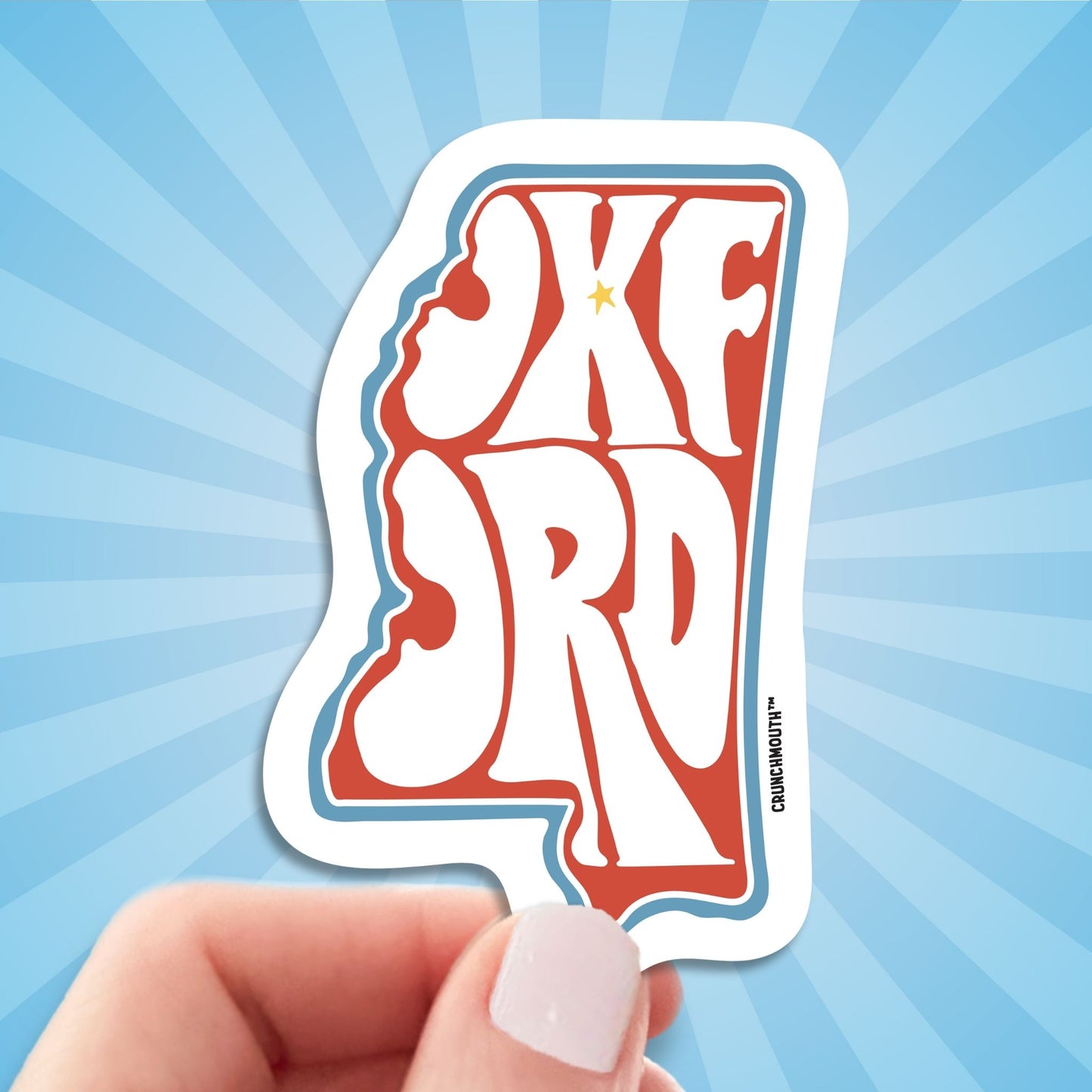 oxford mississippi travel luggage sticker, hand display, sun rays design background