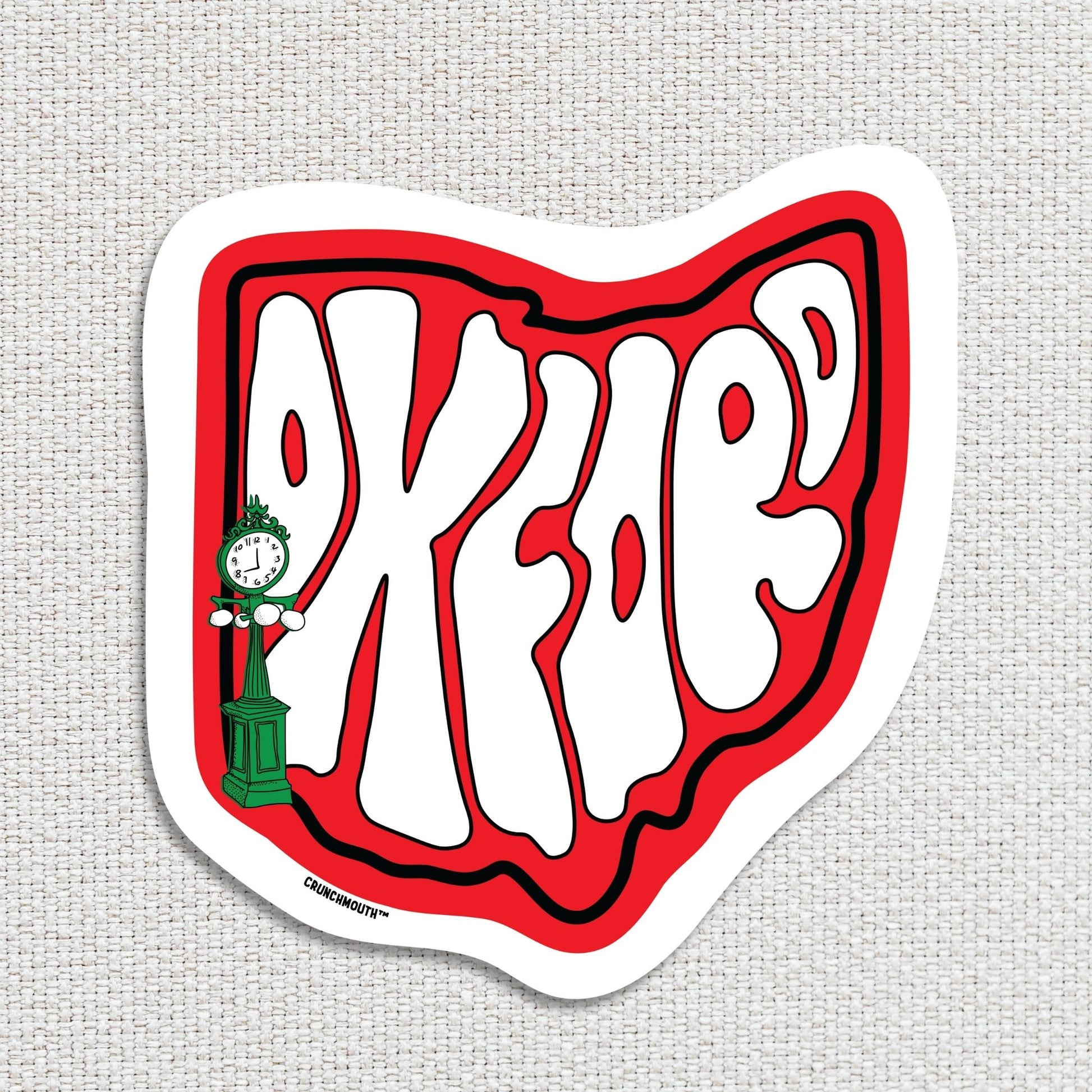 OXFORD travel luggage sticker, textured fabric background
