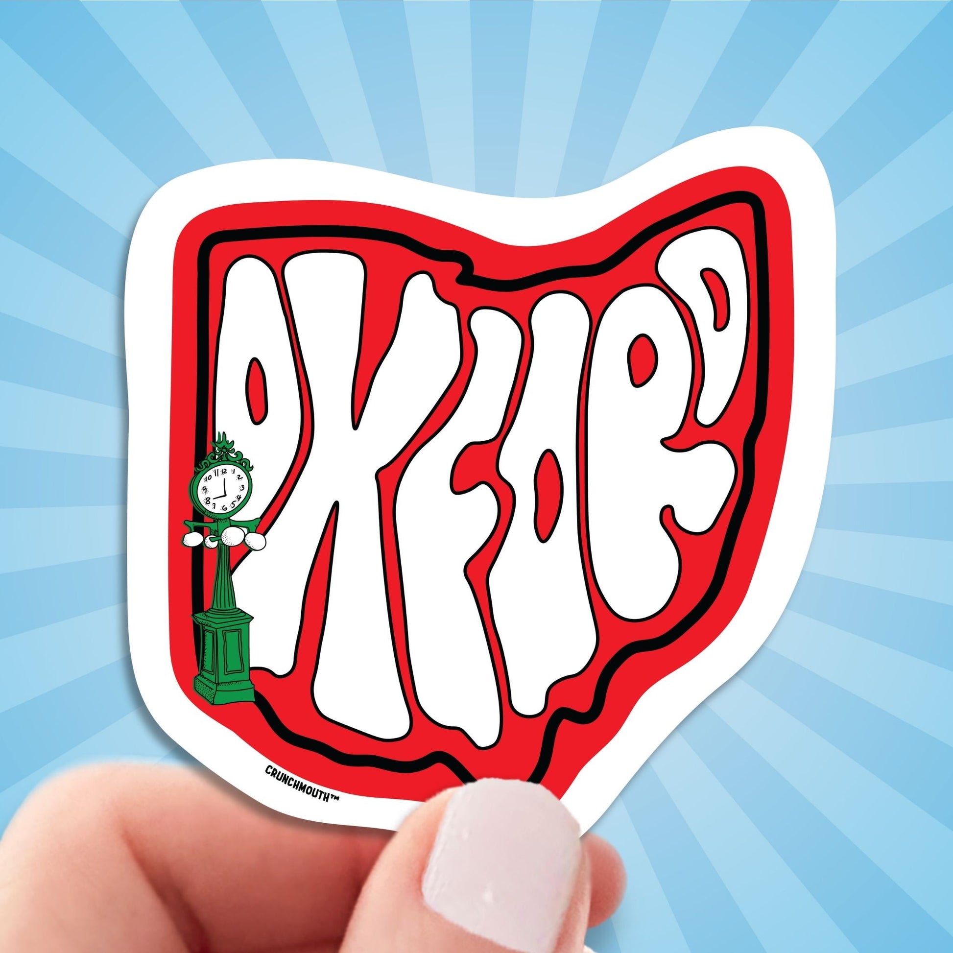 OXFORD travel luggage sticker, hand display, sun rays design background
