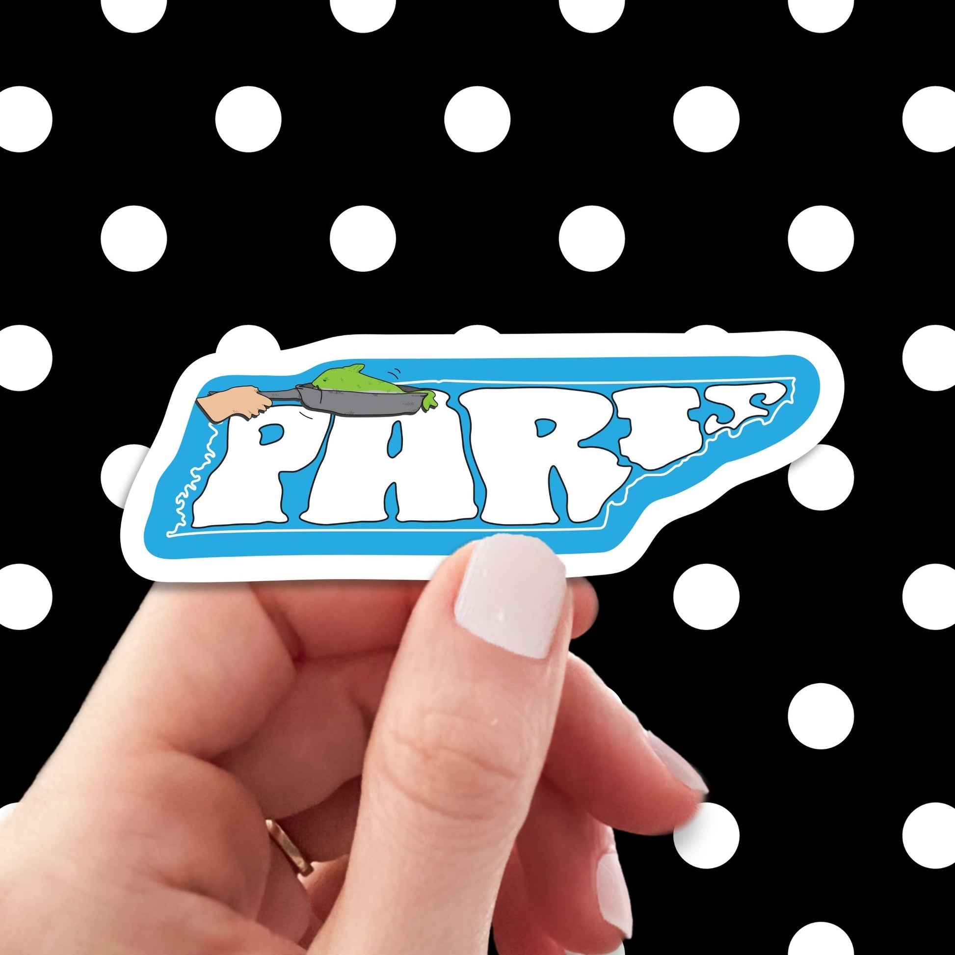 paris Tennessee world's biggest fish fry travel luggage sticker, hand display, polka dots pattern design background