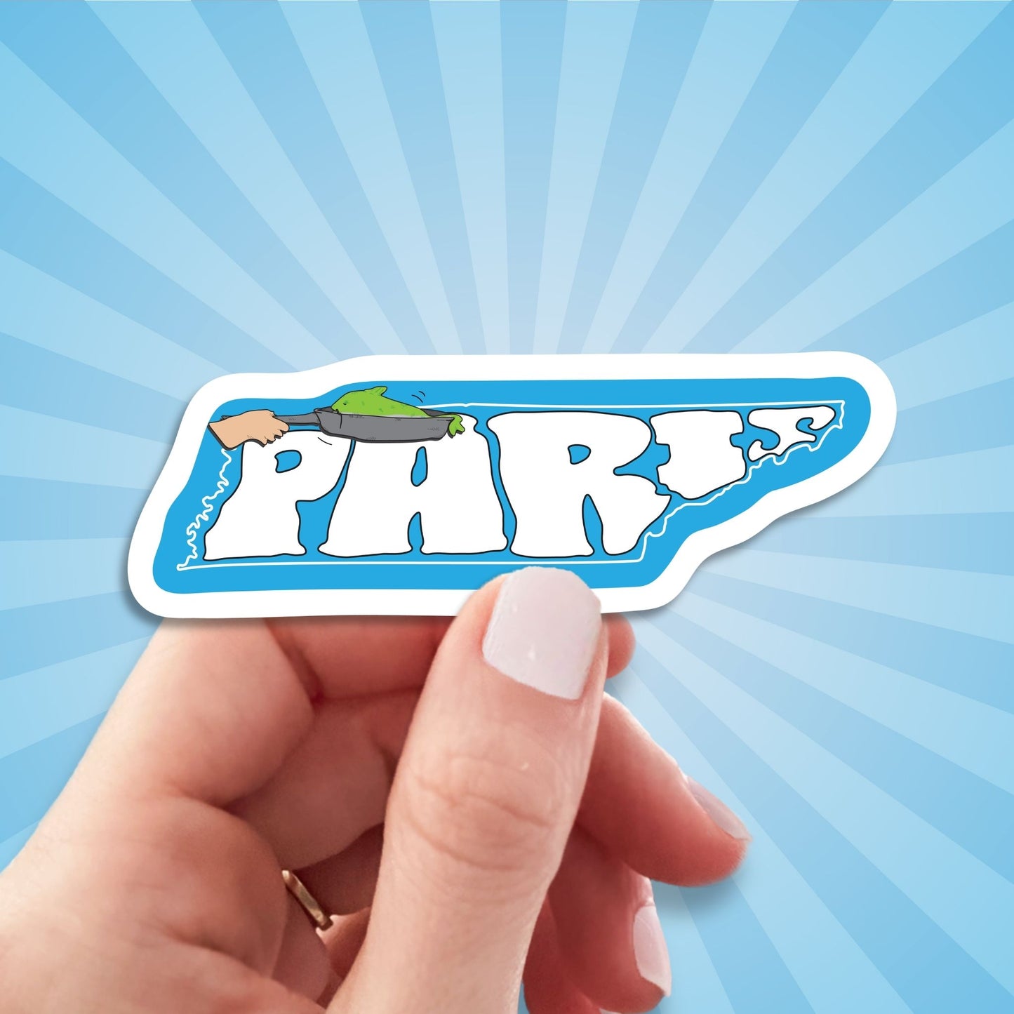 paris Tennessee world's biggest fish fry travel luggage sticker, hand display, sun rays design background