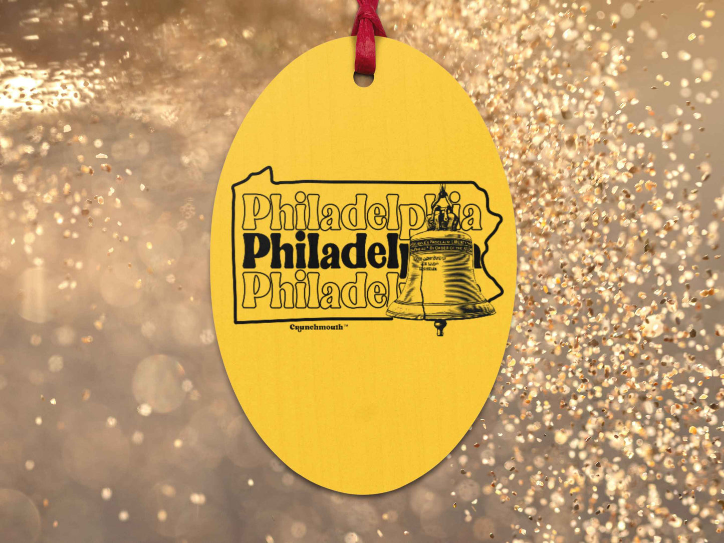 philadelphia ornament, liberty bell, retro Christmas ornaments, back, gold glitter background