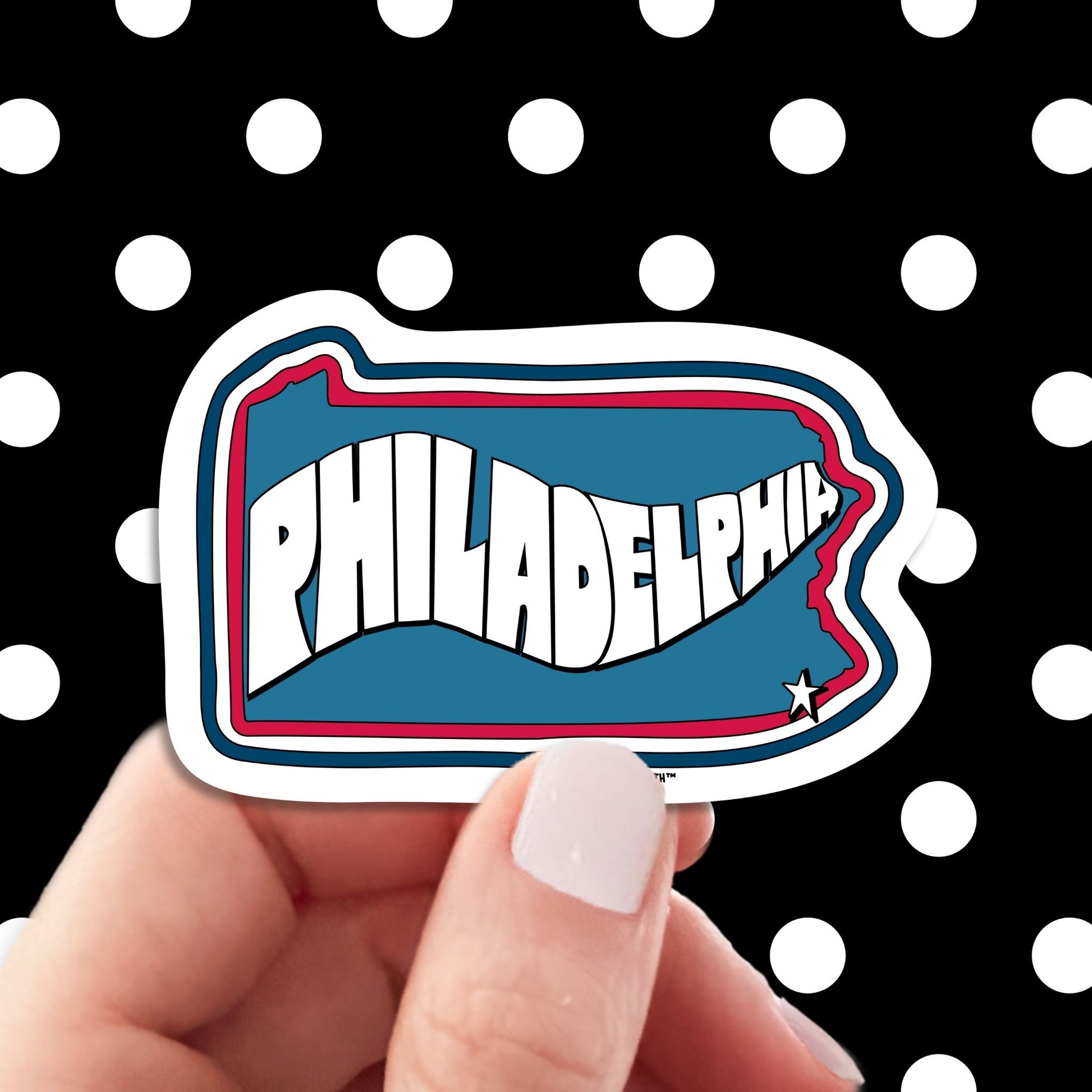 philadelphia travel luggage sticker, hand display, polka dots pattern design background