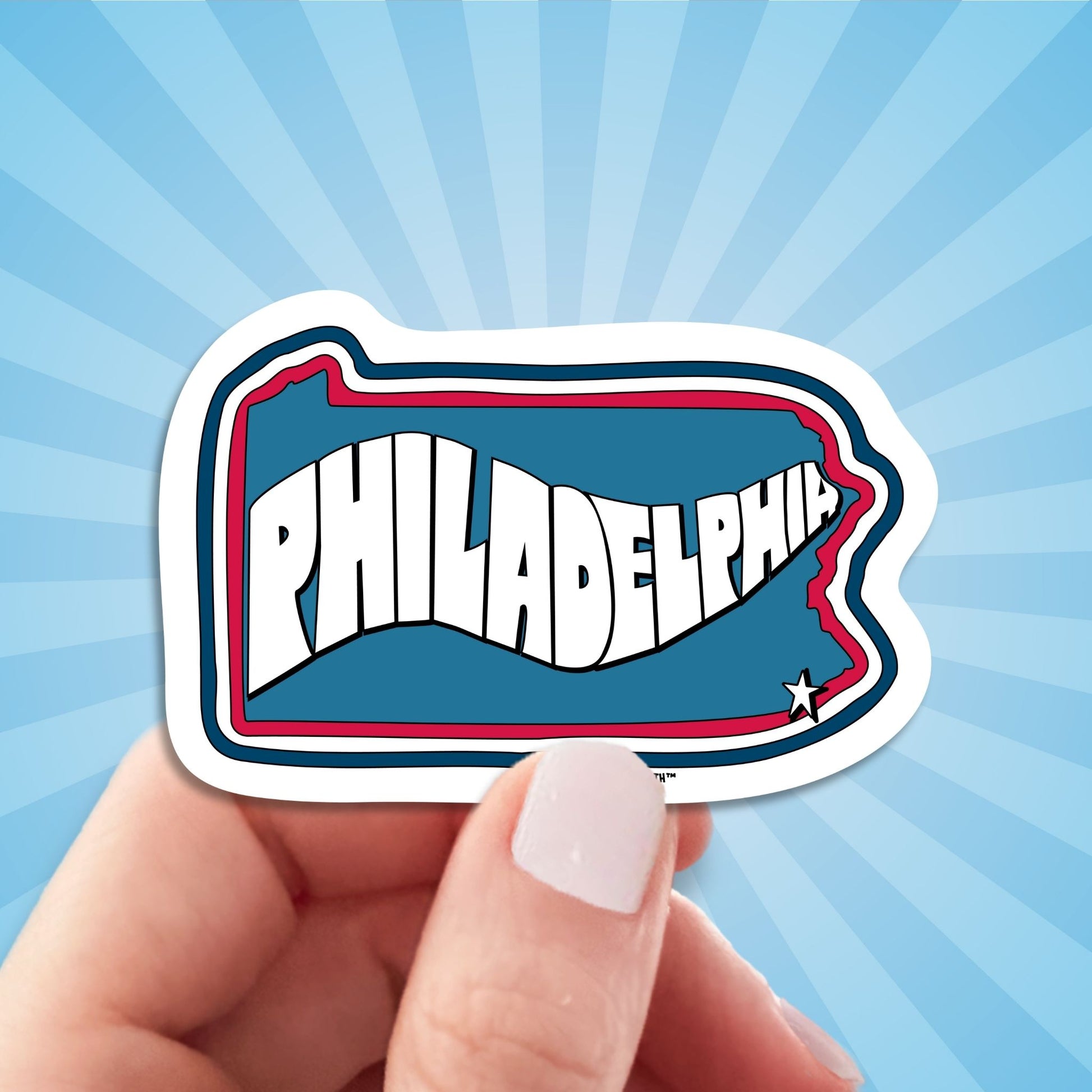 philadelphia travel luggage sticker, hand display, sun rays design background
