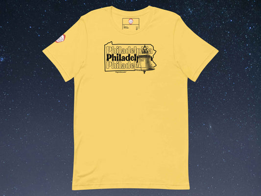 philadelphia shirt, liberty bell, souvenir t shirt, flat, front, starry night sky background