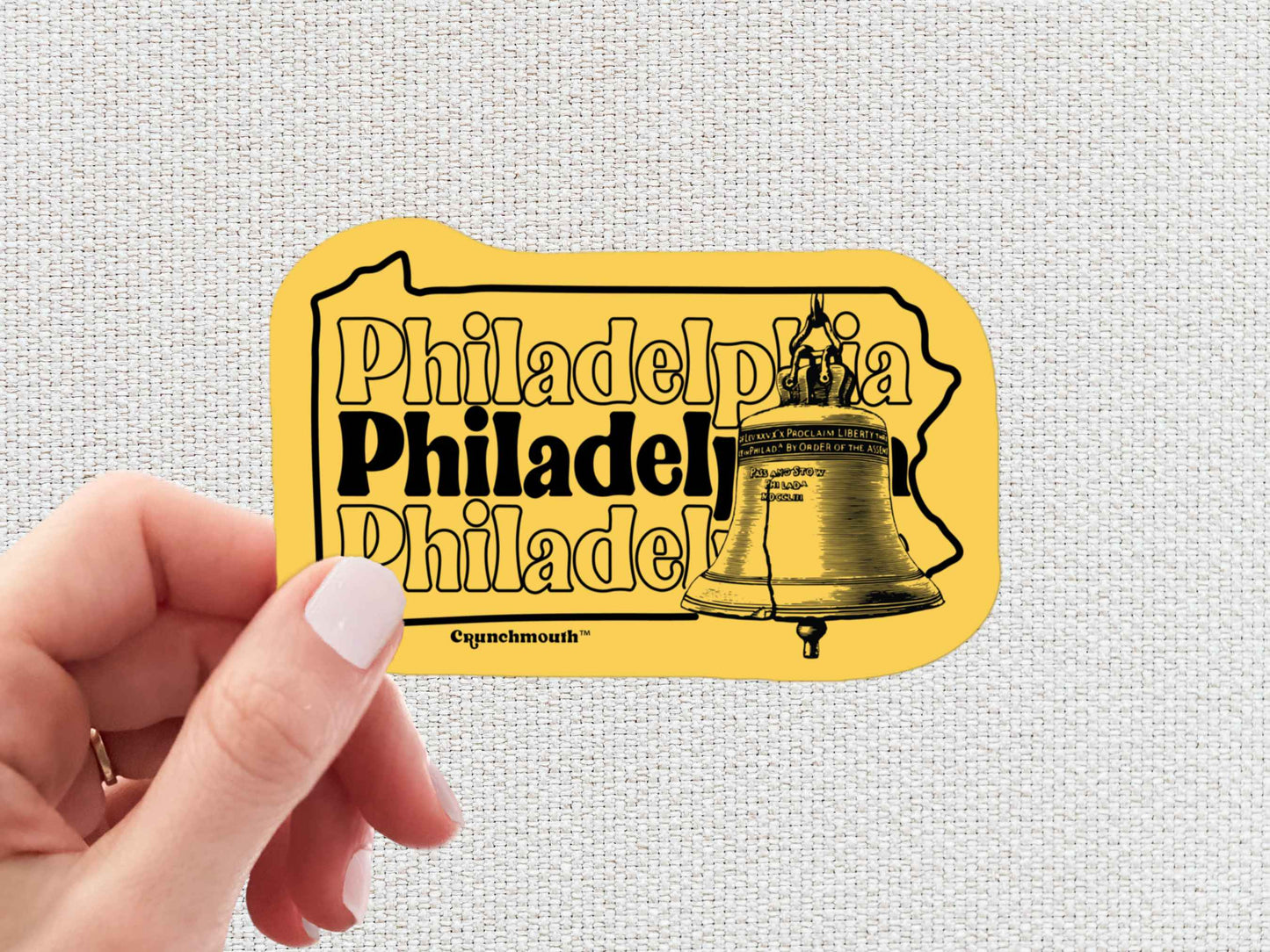 philadelphia sticker, travel luggage stickers, hand display, white textured background