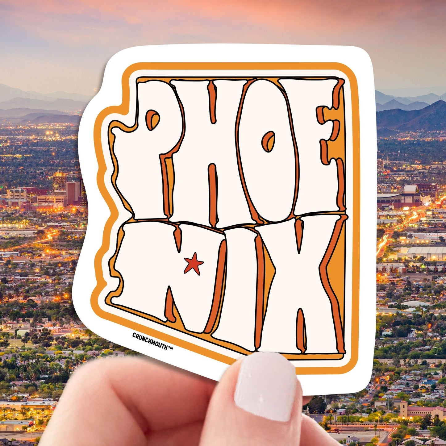 phoenix travel luggage sticker, hand display, cityscape background