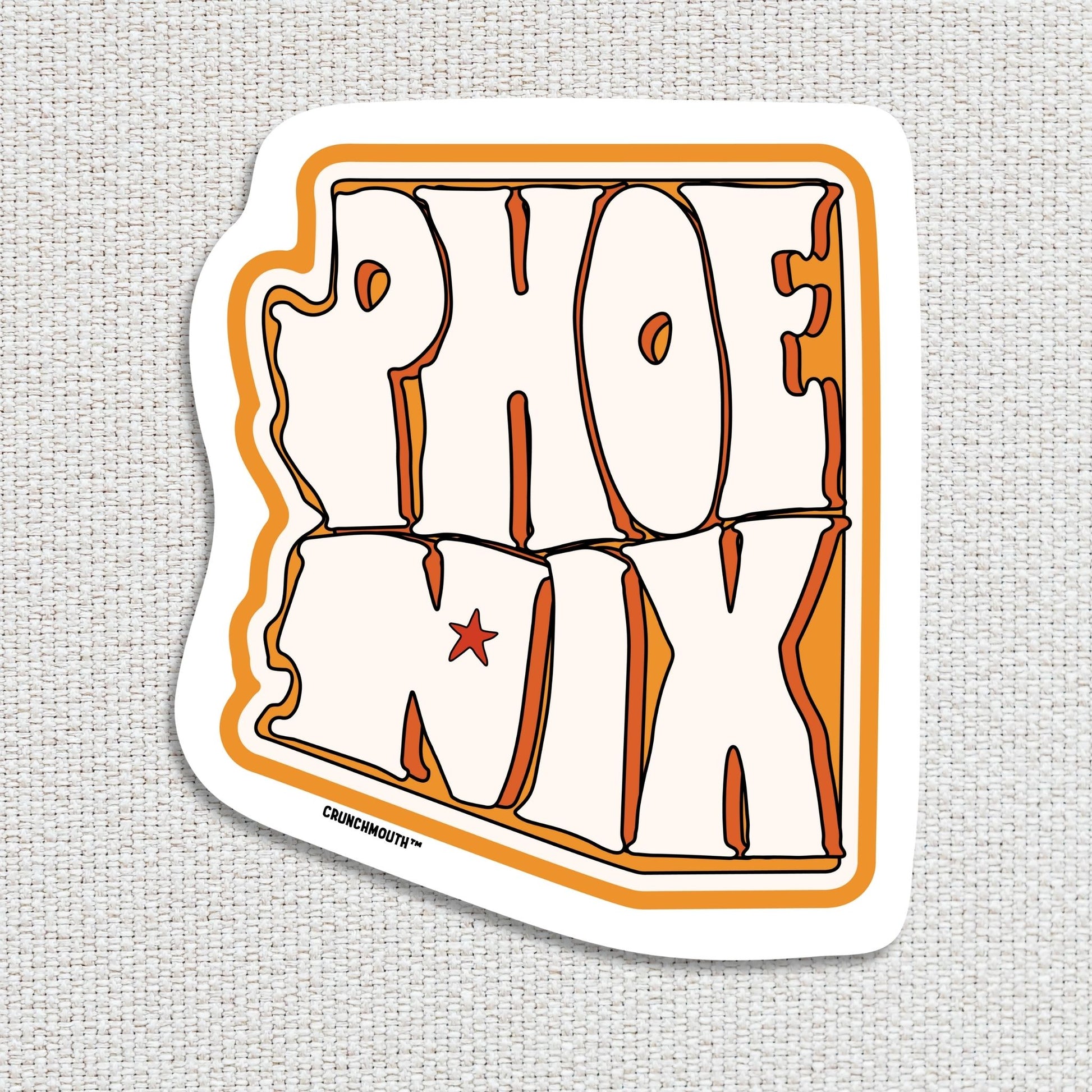 phoenix travel luggage sticker, hand display, textured fabric background