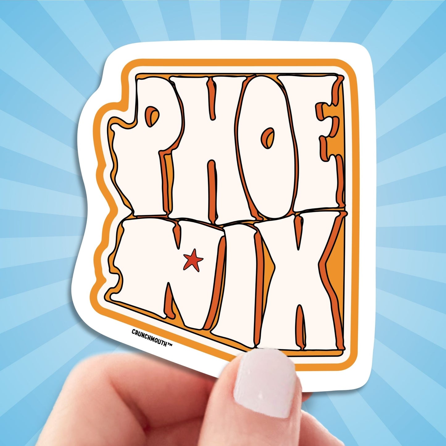 phoenix travel luggage sticker, hand display, sun rays design background