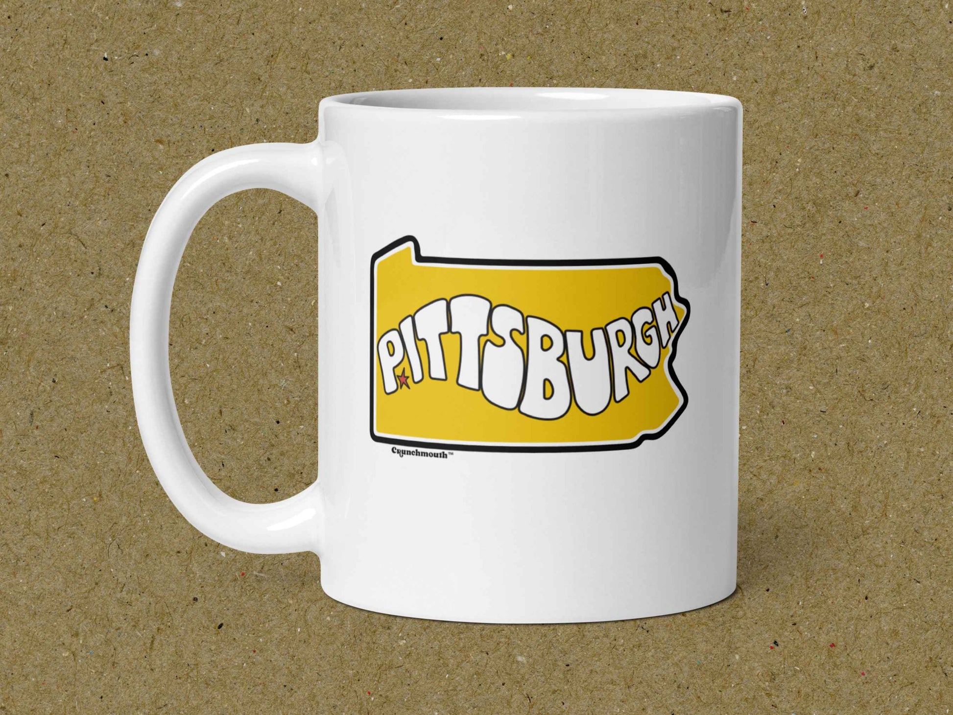 pittsburgh mug, pittsburgh gifts, handle on left, 11 oz, brown texture background