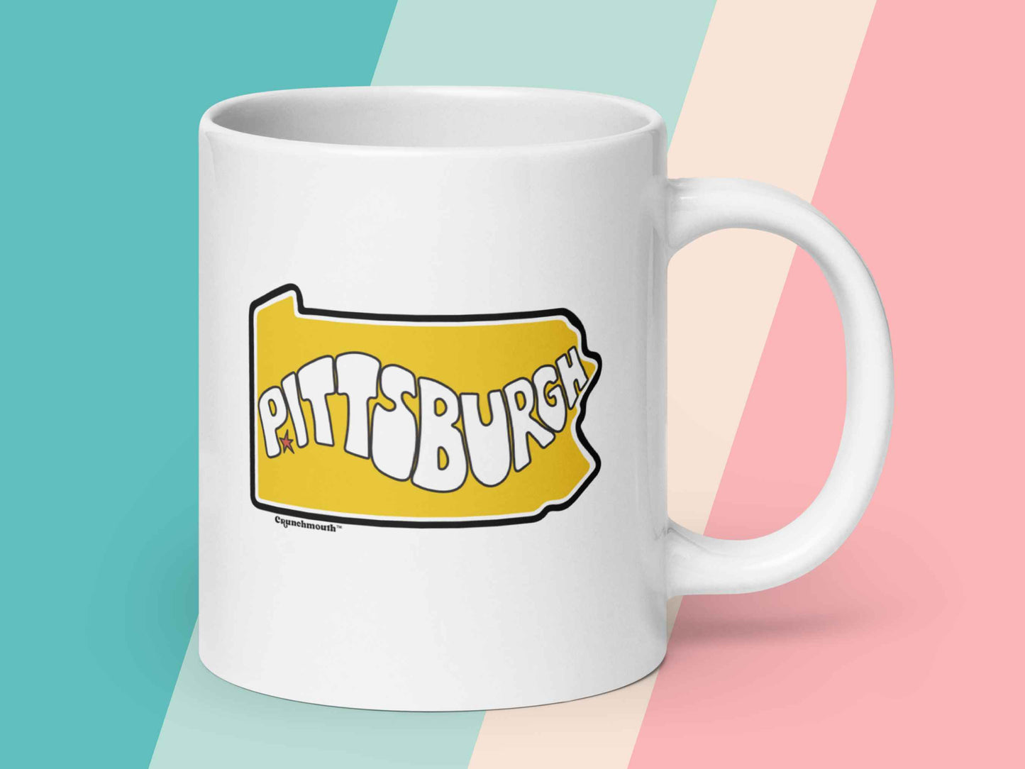 pittsburgh mug, pittsburgh gifts, handle on right, 20 oz, pastel stripe background