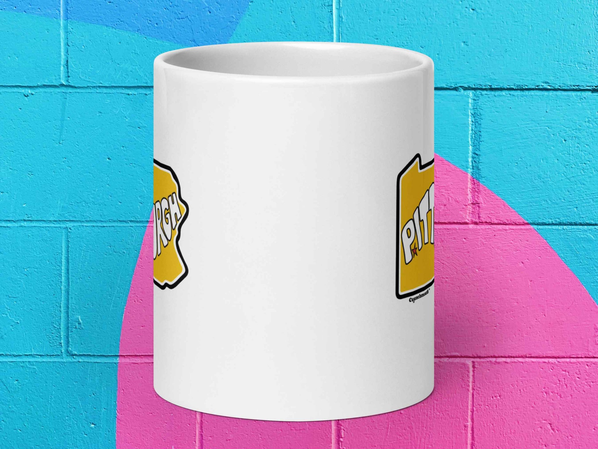 pittsburgh mug, pittsburgh gifts, front view, 20 oz, colorful cinder block background