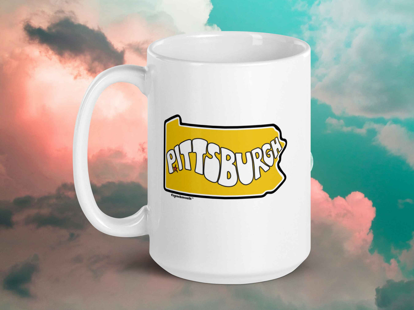 pittsburgh mug, pittsburgh gifts, handle on left, 15 oz, cloud sky background