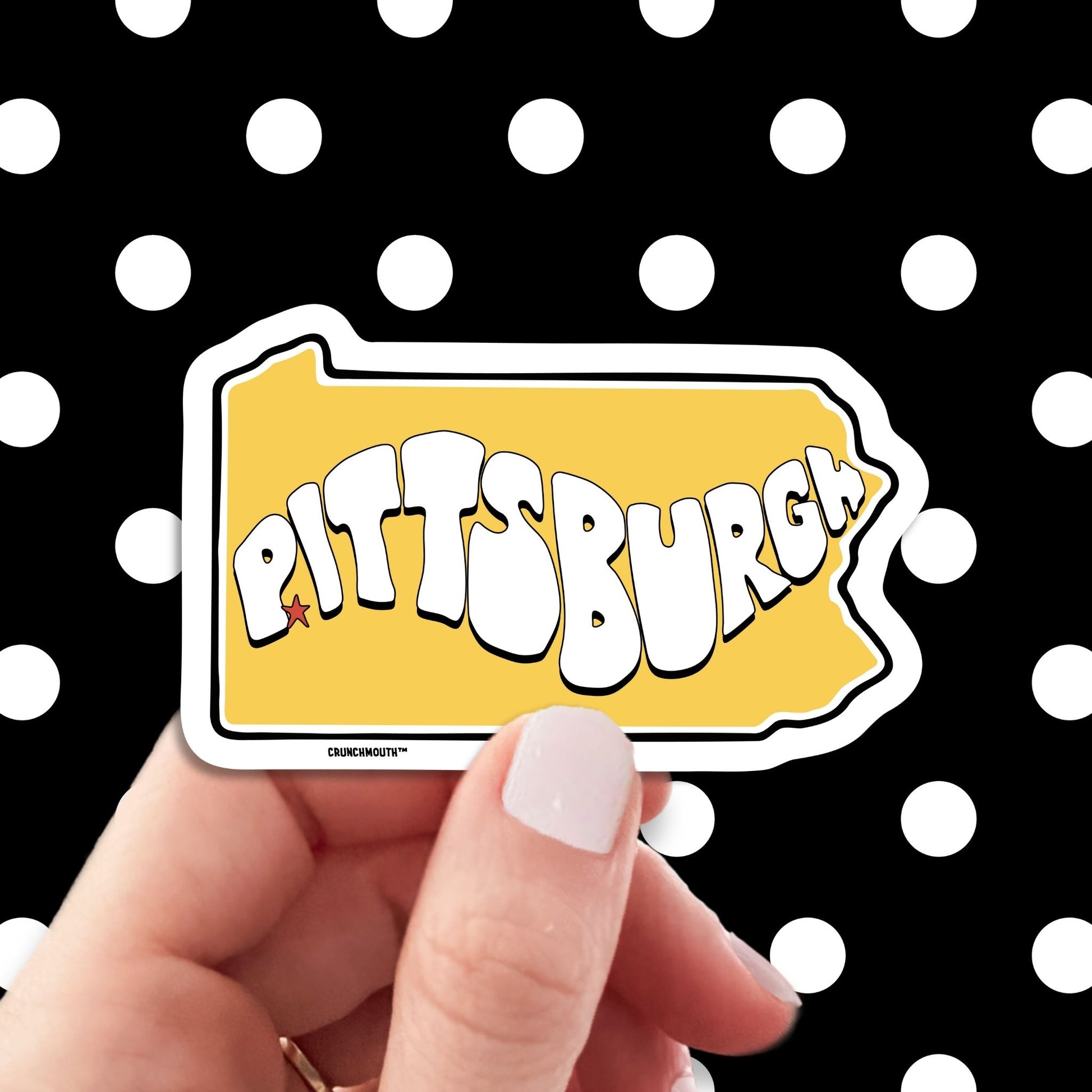 pittsburgh travel luggage sticker, hand display, polka dots pattern design background